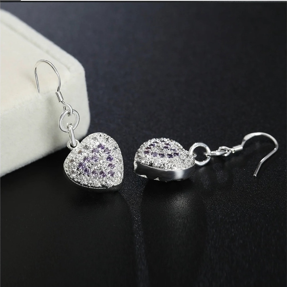 925 Silver Earrings Zircon Crystal Heart Earrings Woman Glamour Jewelry Gift